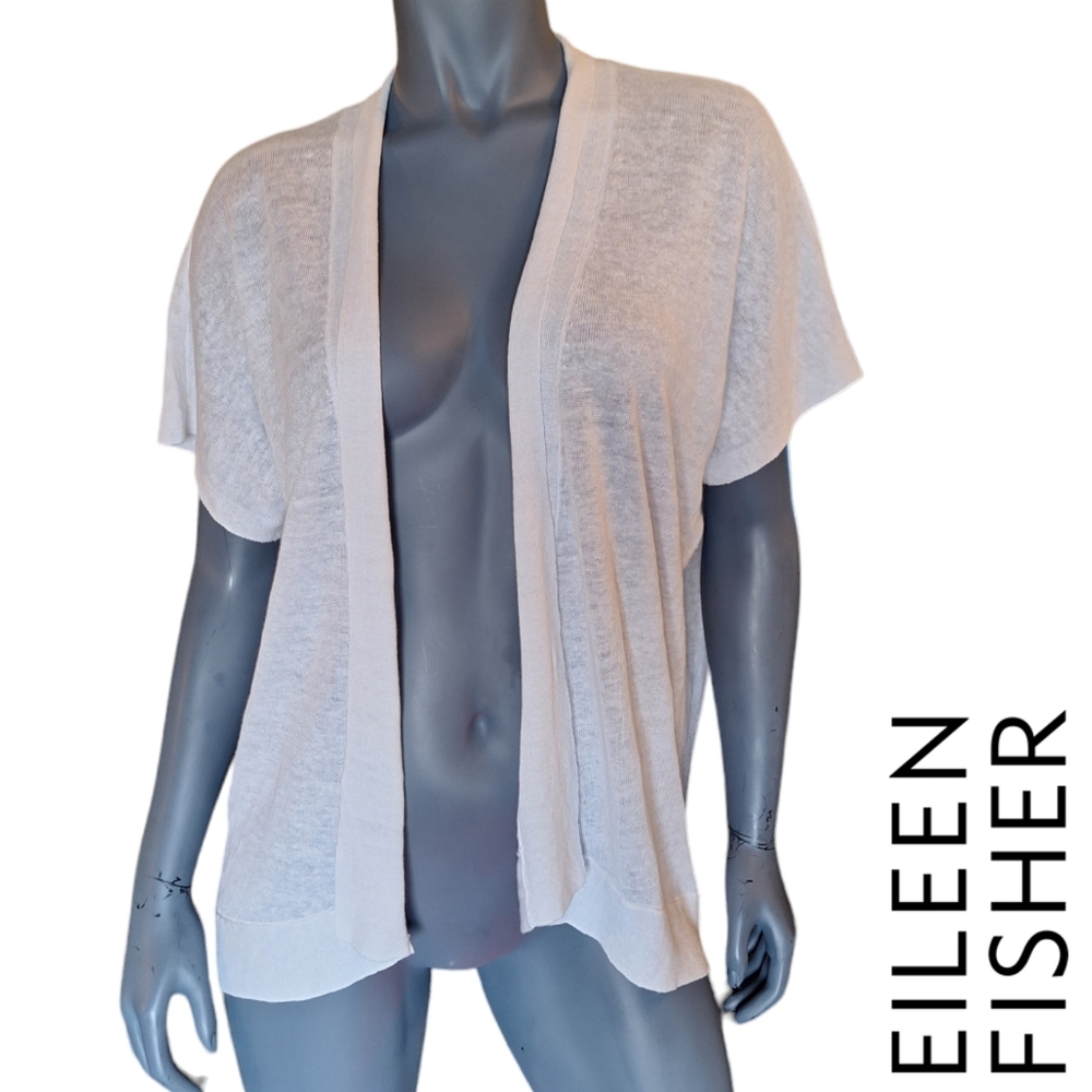 Eileen Fisher | Cotton Linen Blend White Short Sleeve Cardigan Sweater | OS